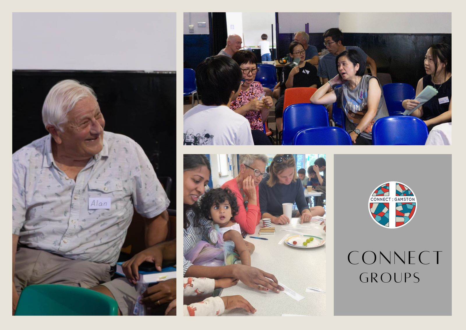Photos of Connect Group members chatting and praying together